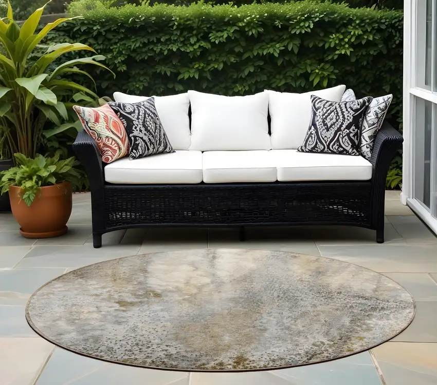 Beige Round Abstract Washable Non Skid Indoor Outdoor Area Rug Photo 1