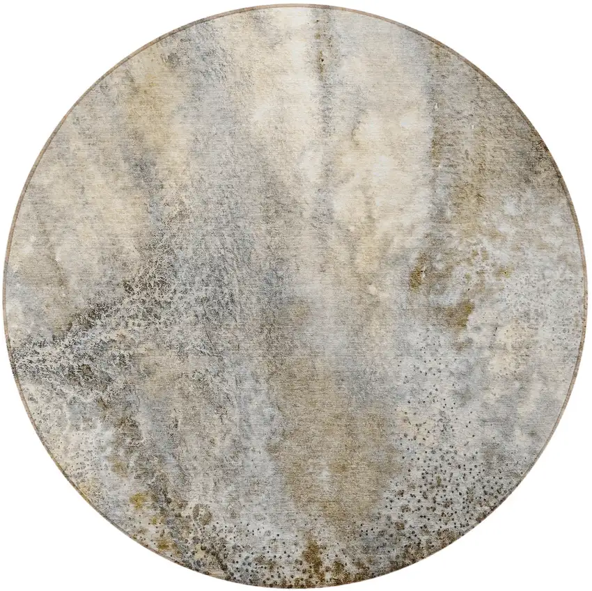 Beige Round Abstract Washable Non Skid Indoor Outdoor Area Rug Photo 5