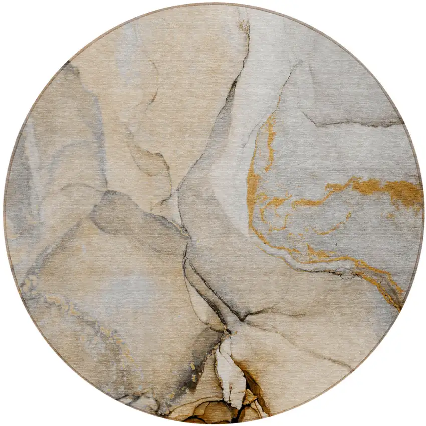 8' Round Beige Round Abstract Washable Non Skid Indoor Outdoor Area Rug Photo 2