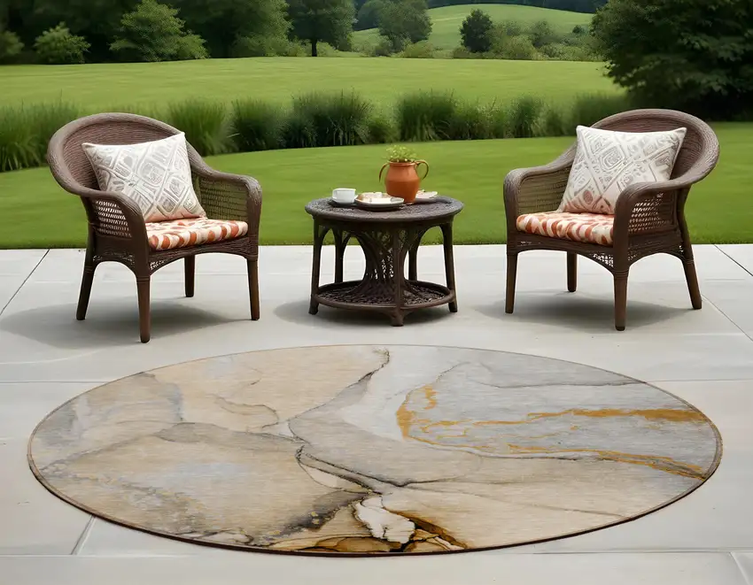 Beige Round Abstract Washable Non Skid Indoor Outdoor Area Rug Photo 1