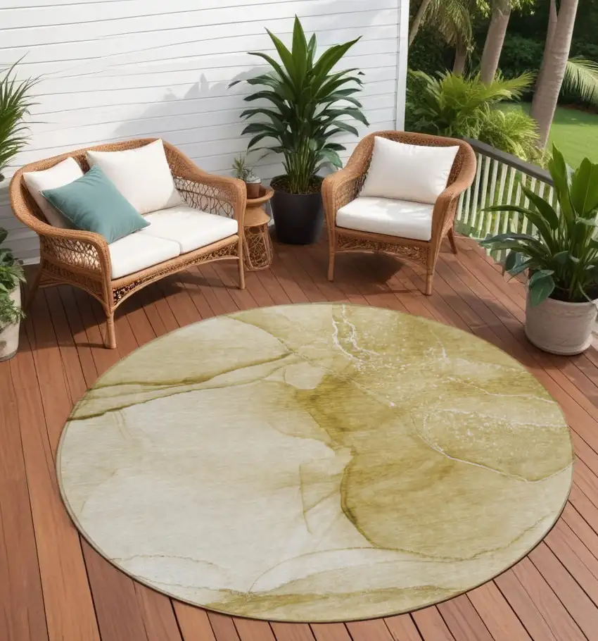 8' Round Beige Round Abstract Washable Non Skid Indoor Outdoor Area Rug Photo 1