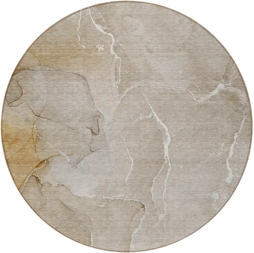 8' Round Beige Round Abstract Washable Non Skid Indoor Outdoor Area Rug Photo 4