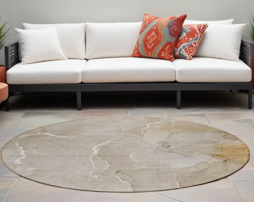 8' Round Beige Round Abstract Washable Non Skid Indoor Outdoor Area Rug Photo 1
