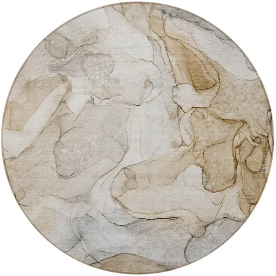 Beige Round Abstract Washable Non Skid Indoor Outdoor Area Rug Photo 4
