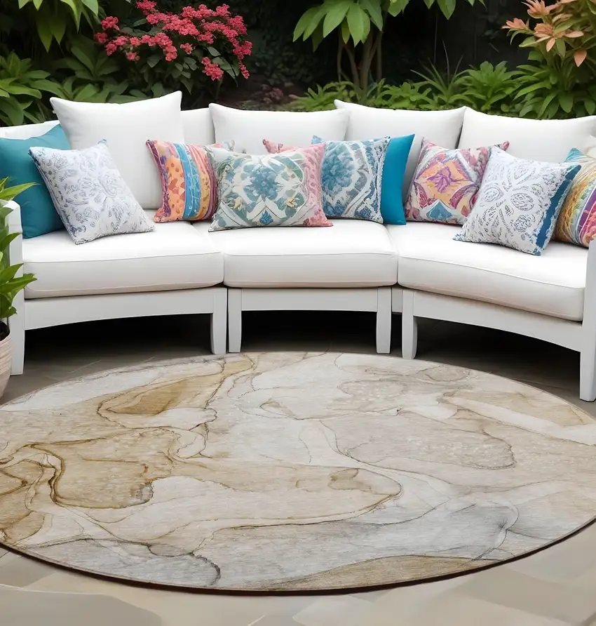 8' Round Beige Round Abstract Washable Non Skid Indoor Outdoor Area Rug Photo 1