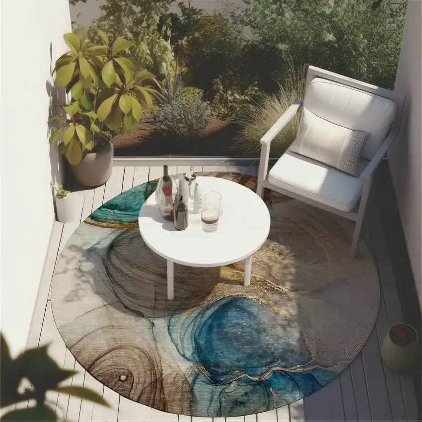 Beige Round Abstract Washable Non Skid Indoor Outdoor Area Rug Photo 8