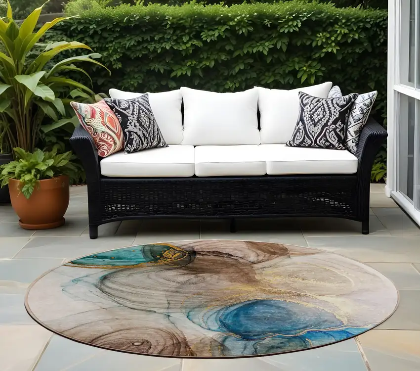 Beige Round Abstract Washable Non Skid Indoor Outdoor Area Rug Photo 1