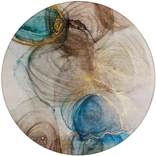 Beige Round Abstract Washable Non Skid Indoor Outdoor Area Rug Photo 2