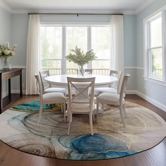 Beige Round Abstract Washable Non Skid Indoor Outdoor Area Rug Photo 9