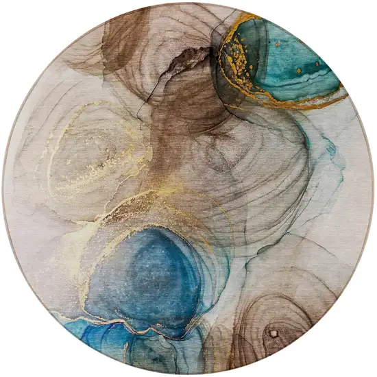 8' Round Beige Round Abstract Washable Non Skid Indoor Outdoor Area Rug Photo 5