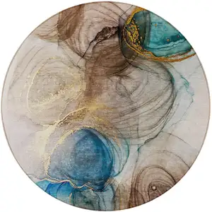 Photo of 8' Round Beige Round Abstract Washable Non Skid Indoor Outdoor Area Rug