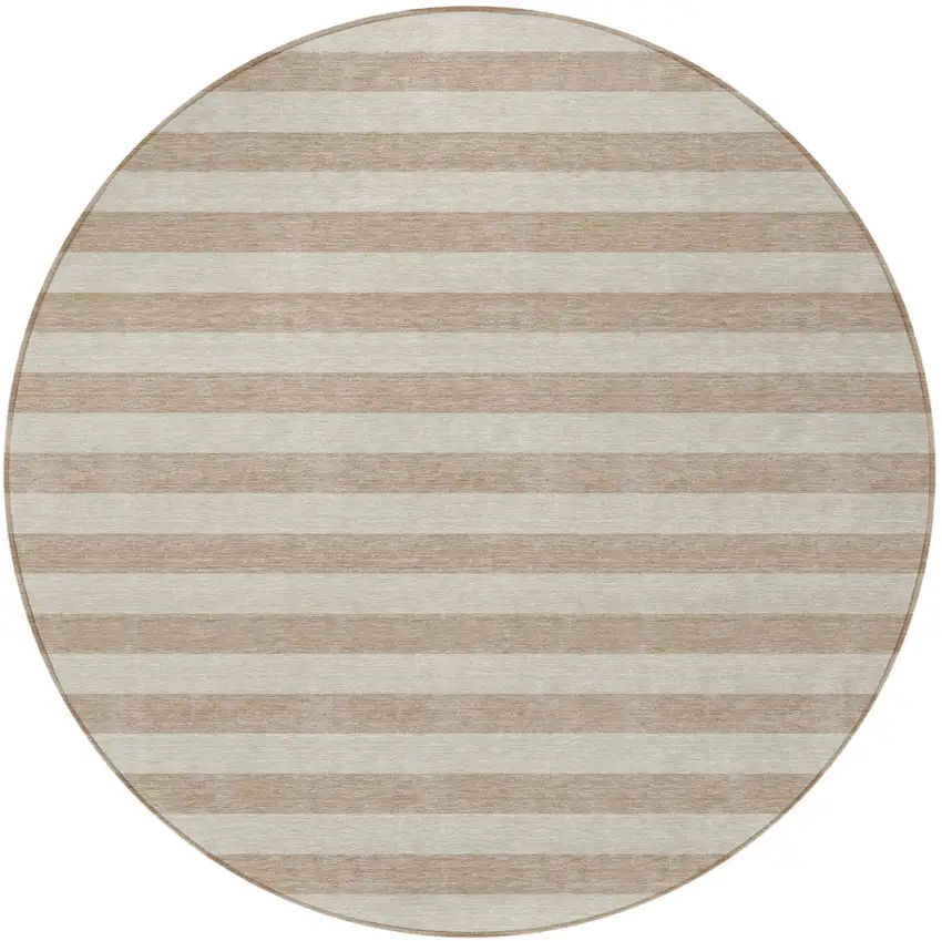 8' Round Beige Round Striped Washable Non Skid Indoor Outdoor Area Rug Photo 5