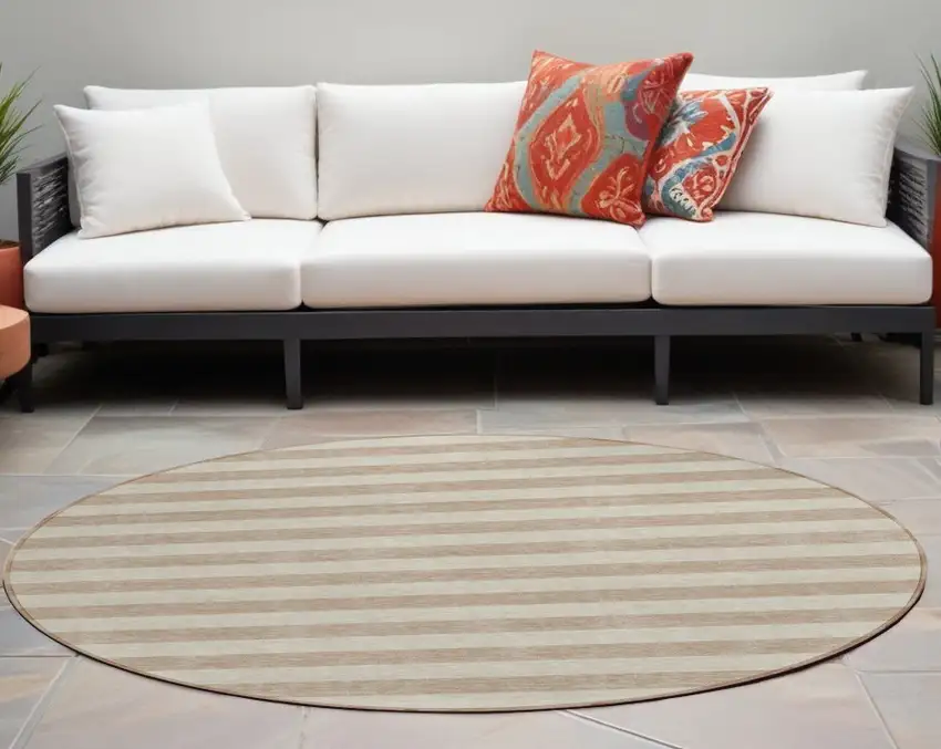 Beige Round Striped Washable Non Skid Indoor Outdoor Area Rug Photo 1