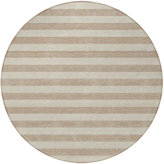 8' Round Beige Round Striped Washable Non Skid Indoor Outdoor Area Rug Photo 4