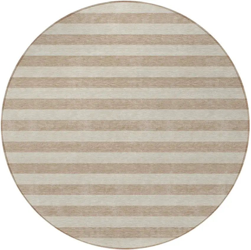 8' Round Beige Round Striped Washable Non Skid Indoor Outdoor Area Rug Photo 4