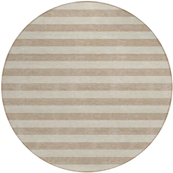8' Round Beige Round Striped Washable Non Skid Indoor Outdoor Area Rug Photo 2