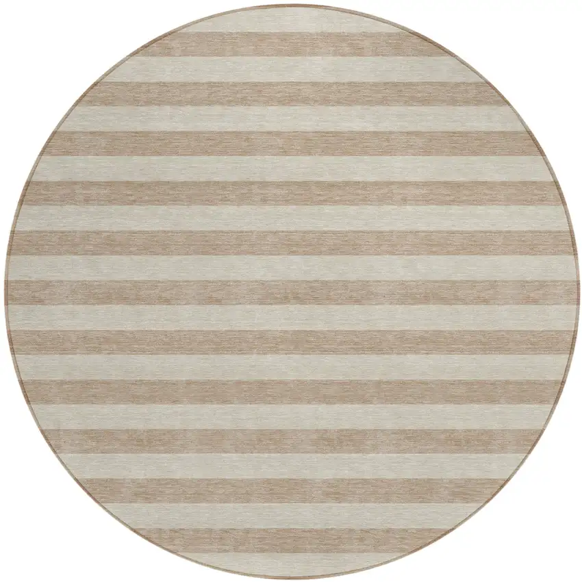 8' Round Beige Round Striped Washable Non Skid Indoor Outdoor Area Rug Photo 2