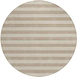 Photo of 8' Round Beige Round Striped Washable Non Skid Indoor Outdoor Area Rug