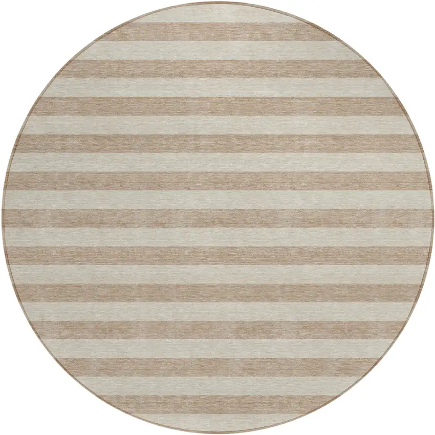 8' Round Beige Round Striped Washable Non Skid Indoor Outdoor Area Rug Photo 2