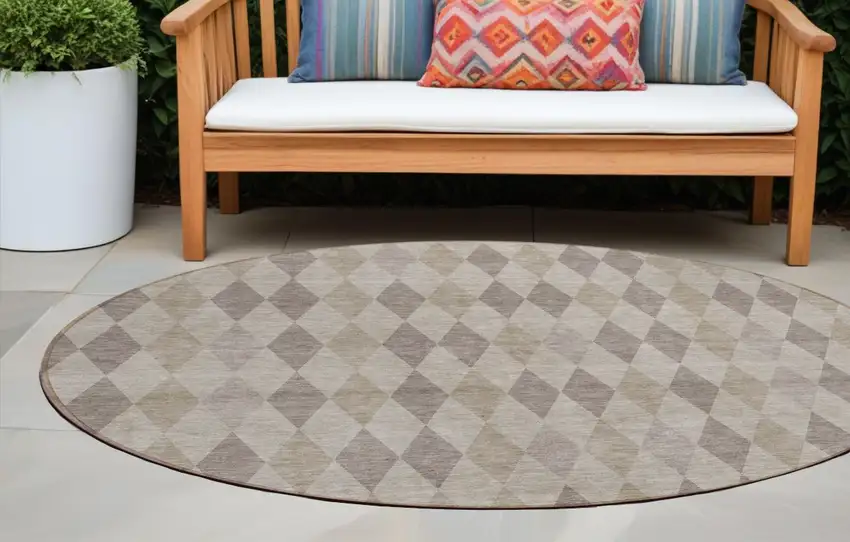 Beige Taupe and Brown Round Geometric Washable Non Skid Indoor Outdoor Area Rug Photo 1