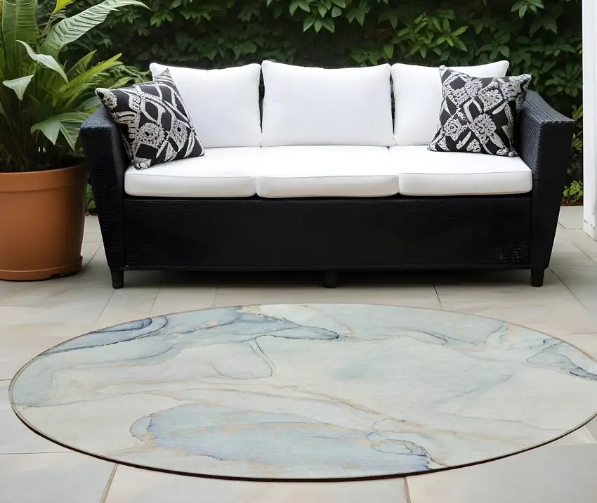 Beige and Blue Round Abstract Washable Non Skid Indoor Outdoor Area Rug Photo 1