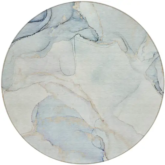 Beige and Blue Round Abstract Washable Non Skid Indoor Outdoor Area Rug Photo 2