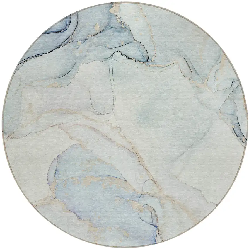 Beige and Blue Round Abstract Washable Non Skid Indoor Outdoor Area Rug Photo 2