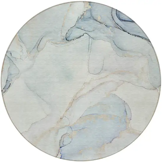 Beige and Blue Round Abstract Washable Non Skid Indoor Outdoor Area Rug Photo 4