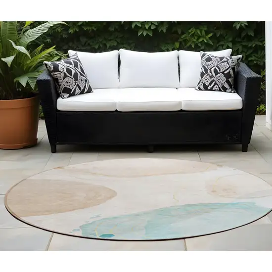 Beige and Blue Round Abstract Washable Non Skid Indoor Outdoor Area Rug Photo 1