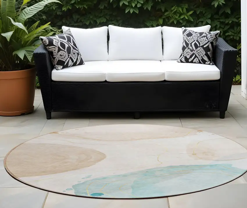 Beige and Blue Round Abstract Washable Non Skid Indoor Outdoor Area Rug Photo 1