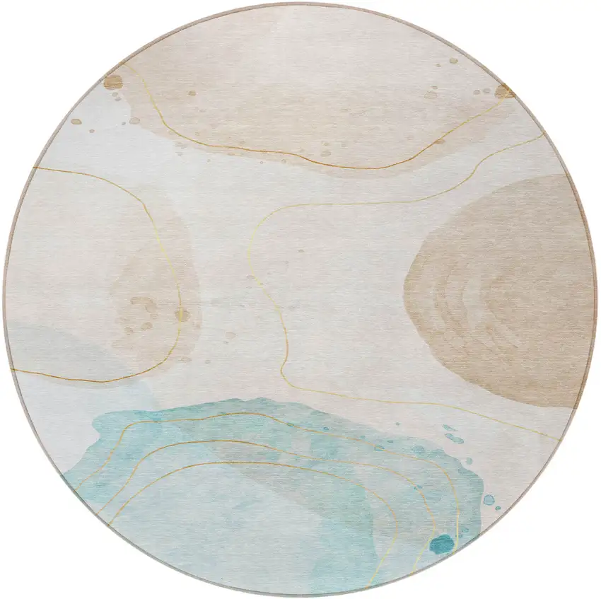 Beige and Blue Round Abstract Washable Non Skid Indoor Outdoor Area Rug Photo 5