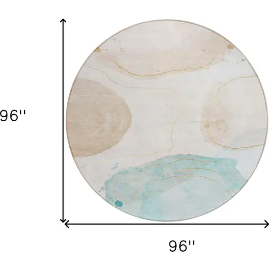Beige and Blue Round Abstract Washable Non Skid Indoor Outdoor Area Rug Photo 3