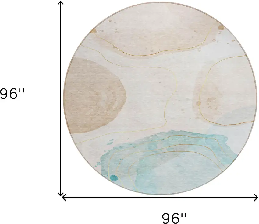 Beige and Blue Round Abstract Washable Non Skid Indoor Outdoor Area Rug Photo 3