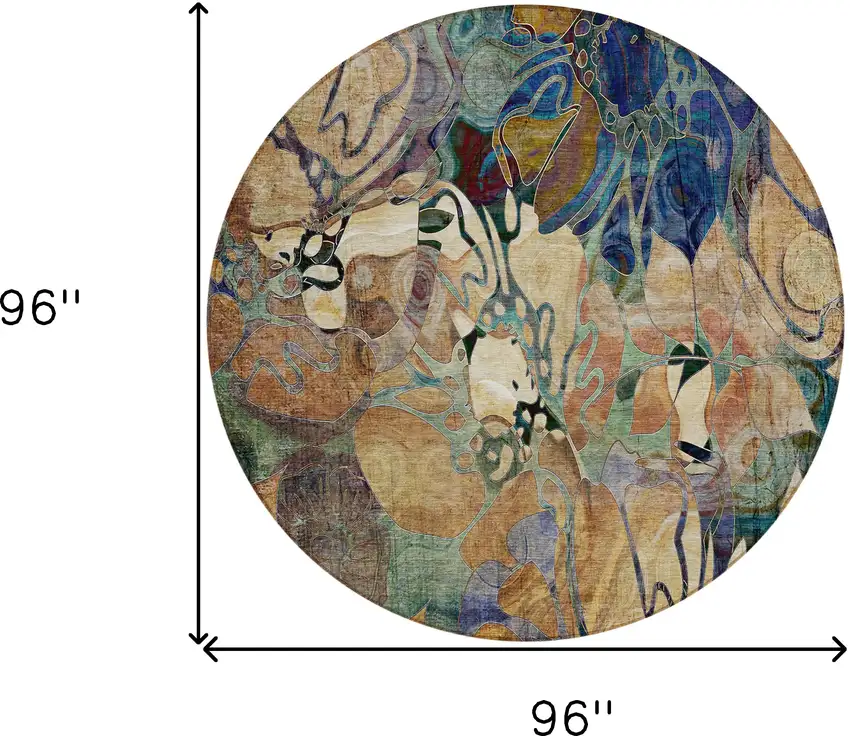 Beige and Blue Round Abstract Washable Indoor Outdoor Area Rug Photo 3