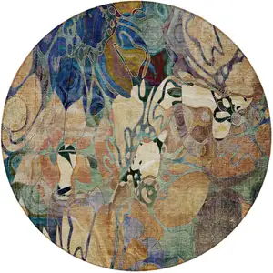 Photo of 8' Round Beige and Blue Round Floral Washable Non Skid Indoor Outdoor Area Rug