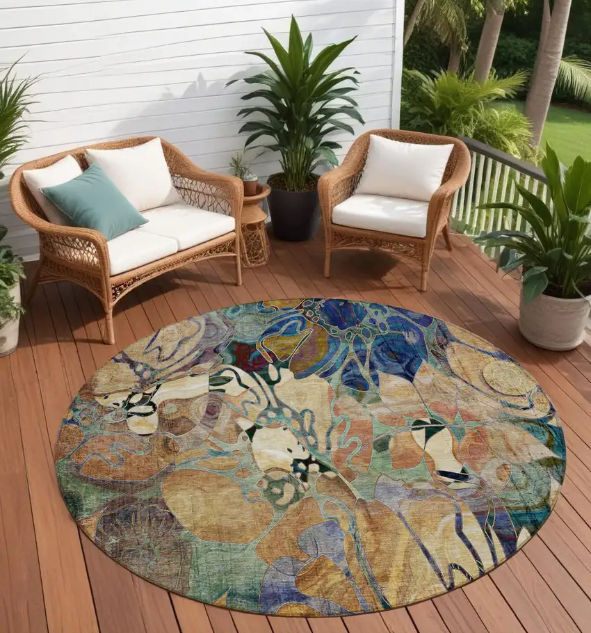 Beige and Blue Round Abstract Washable Indoor Outdoor Area Rug Photo 1