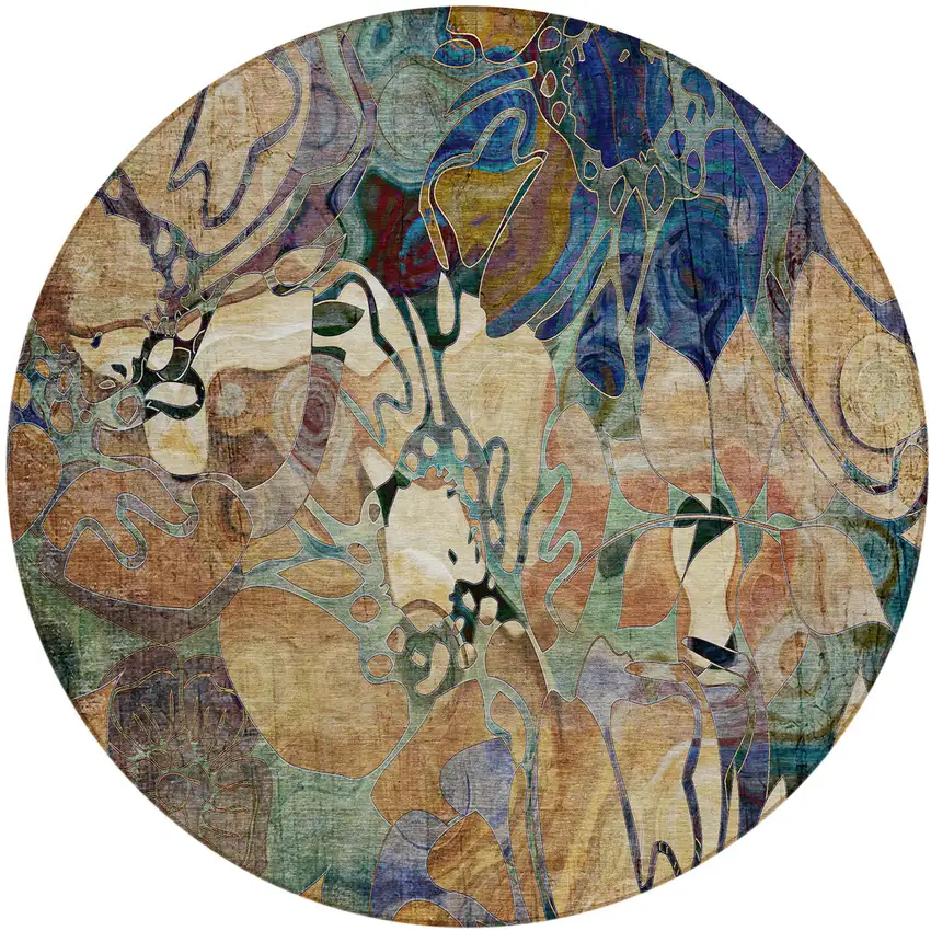 Beige and Blue Round Abstract Washable Indoor Outdoor Area Rug Photo 2