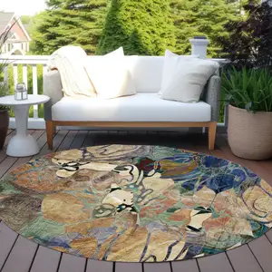 Photo of 8' Round Beige and Blue Round Floral Washable Non Skid Indoor Outdoor Area Rug