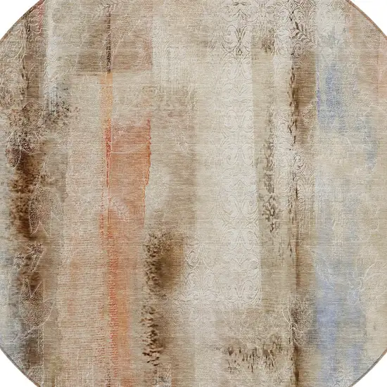 Beige and Brown Round Washable Non Skid Indoor Outdoor Area Rug Photo 5