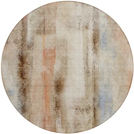8' Round Beige and Brown Round Washable Non Skid Indoor Outdoor Area Rug Photo 2