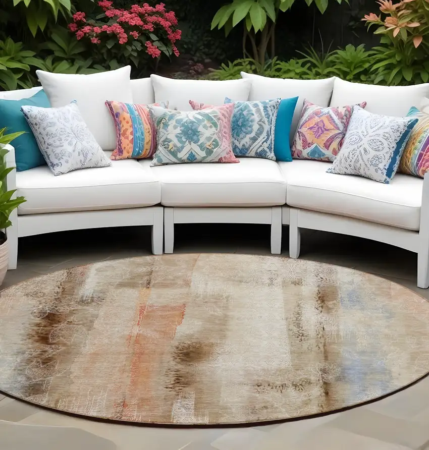 8' Round Beige and Brown Round Washable Non Skid Indoor Outdoor Area Rug Photo 1