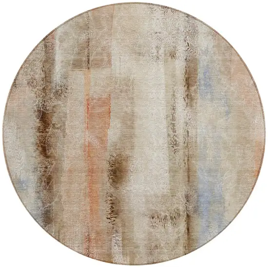 Beige and Brown Round Washable Non Skid Indoor Outdoor Area Rug Photo 6