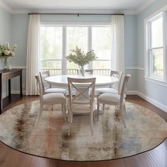 Beige and Brown Round Washable Non Skid Indoor Outdoor Area Rug Photo 8