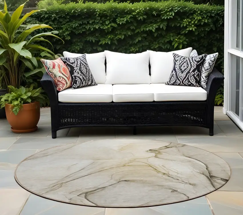 8' Round Beige and Gray Round Abstract Washable Non Skid Indoor Outdoor Area Rug Photo 1