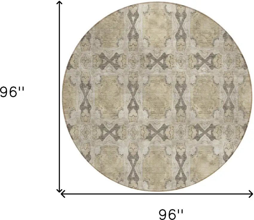 Beige and Gray Round Floral Medallion Washable Non Skid Indoor Outdoor Area Rug Photo 3
