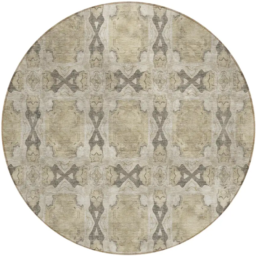 Beige and Gray Round Floral Medallion Washable Non Skid Indoor Outdoor Area Rug Photo 2