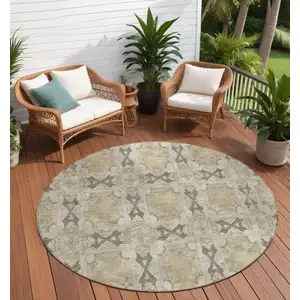 Photo of 8' Round Beige and Gray Round Floral Medallion Washable Non Skid Indoor Outdoor Area Rug