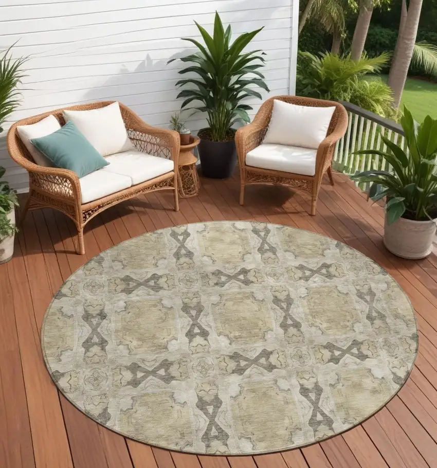 8' Round Beige and Gray Round Floral Medallion Washable Non Skid Indoor Outdoor Area Rug Photo 1