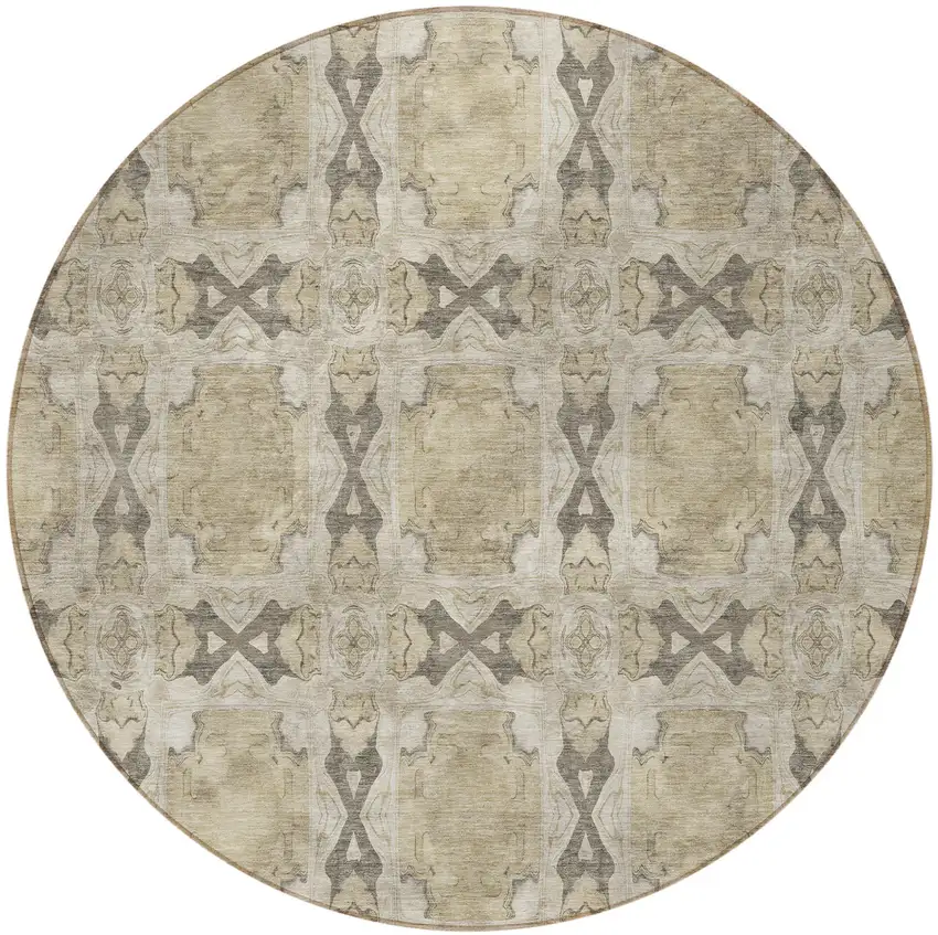 Beige and Gray Round Floral Medallion Washable Non Skid Indoor Outdoor Area Rug Photo 5