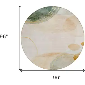 Photo of 8' Round Beige and Green Round Abstract Washable Non Skid Indoor Outdoor Area Rug